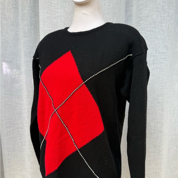 Saks Fifth Avenue 1990s black red diamond rhinestones lambs wool sweater - Picture 5 of 7